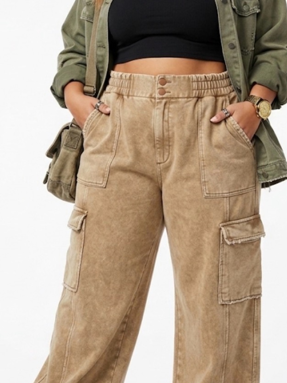 Flag & Anthem Wide Leg Utility Cargo Pants | Acid Wash Tan | Relaxed Fit XL - Picture 2 of 10